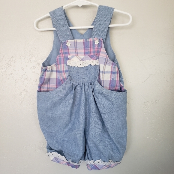 Vintage Baby Girl 18 Months Light Blue Denim Romper Plaid Eyelet Lace 90s - Picture 1 of 6